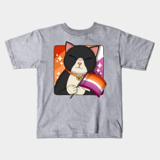 Cute Tuxedo Cat Holding Lesbian Pride Flag Kids T-Shirt